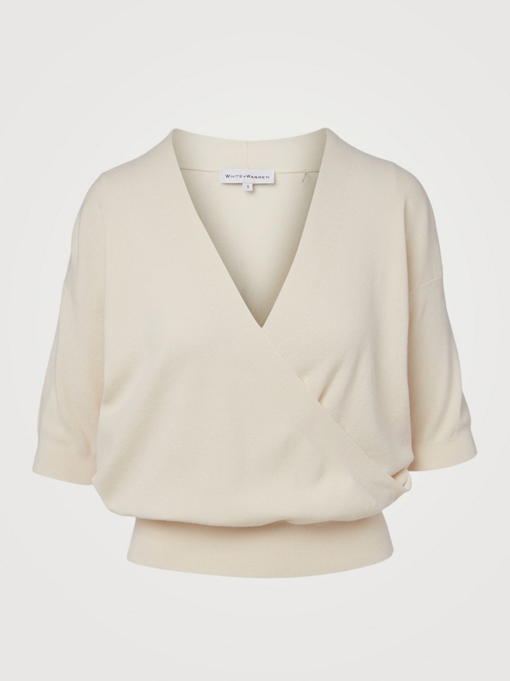 White + Warren Cream Wrap V-Neck Short Sleeve Sweater - XS